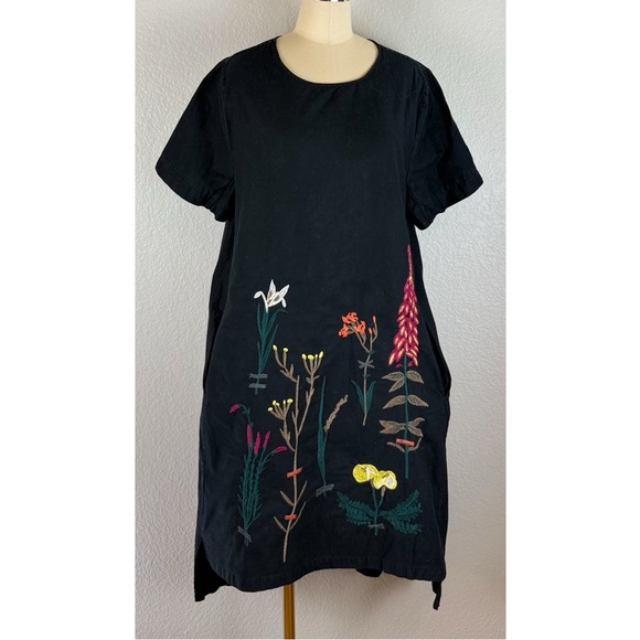Source Unknown Dresses & Skirts - Black Floral Embroidered Tunic Oversized Midi Dress Cotton Linen‎ Lagonlook XL